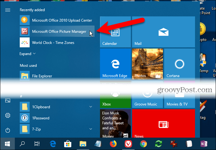 „Microsoft Office“ paveikslėlių tvarkyklė, neseniai pridėta „Windows 10“ meniu Pradėti