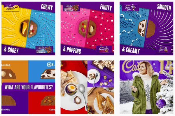„Cadbury's“ „Instagram“ kanale daugiausia dėmesio skiriama jų ikoninei violetinei spalvai.