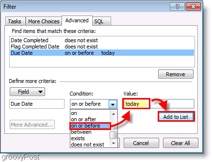 Ekrano kopija: „Outlook 2007“ užduočių juostos sąrankos filtras šiandien