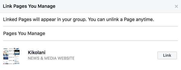 Susiekite „Facebook“ puslapį su savo grupe.