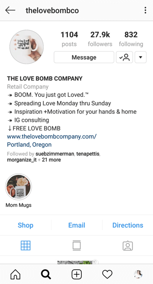 „Instagram“ verslo profilio biografijos pavyzdys su @thelovebombco pasiūlymu.