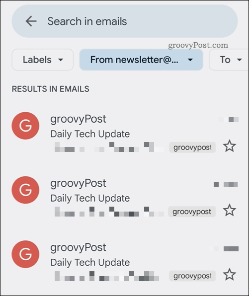 „Gmail“ programos paieškos rezultatai