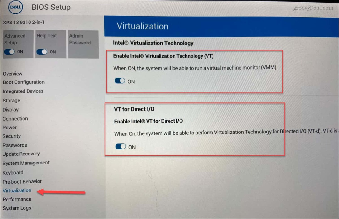 BIOS Įgalinti virtualizavimą