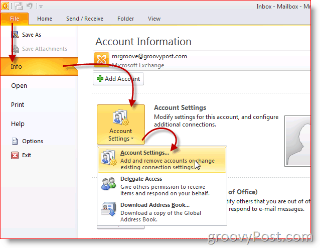 „Outlook 2010“ ekrano kopijos paskyros nustatymai