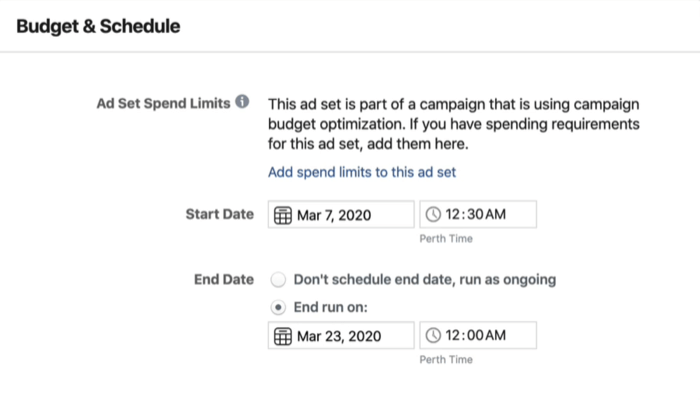 Biudžeto ir tvarkaraščio skiltis skelbimų rinkinio lygiu „Facebook“ skelbimų tvarkyklėje