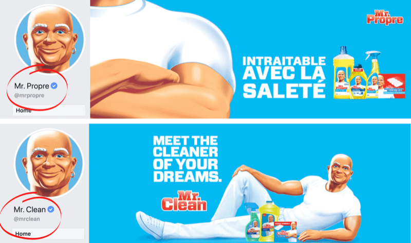 „Facebook“ puslapis ir viršelio vaizdas, kuriame rodomi „Mr. Clean“ prekės ženklo kalbiniai skirtumai Prancūzijos / Belgijos ir JAV rinkose