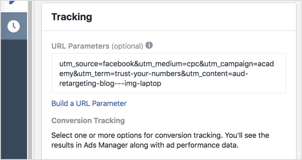 „Ads Manager“ pridėkite stebėjimo parametrus (viską po klaustuku) prie URL parametrų laukelio.