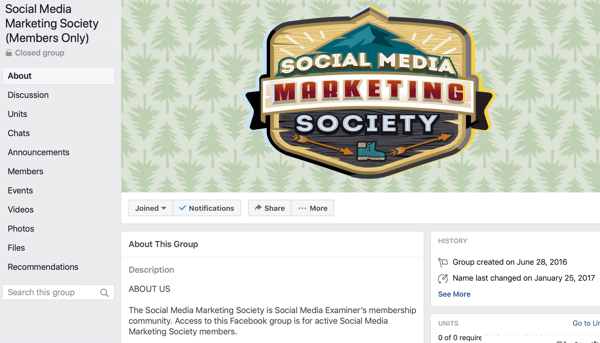 Kaip naudotis „Facebook Groups“ funkcijomis, „Facebook“ grupės puslapio pavyzdžiu „Social Media Marketing Society“