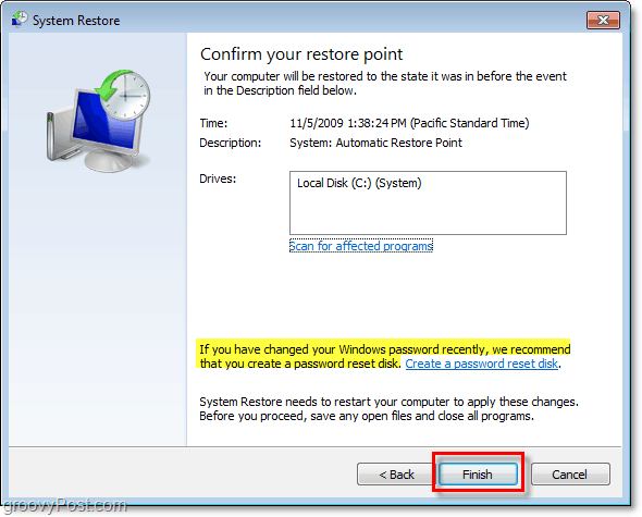kaip patvirtinti, kad atkuriate „Windows 7“ su atkūrimo tašku ir sukurti slaptažodžio atkūrimo diską