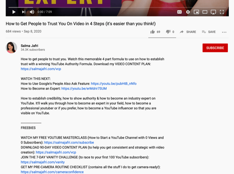 „YouTube“ vaizdo įrašo aprašymo užrašų ekrano kopija su keliomis nuorodomis, pridėtomis kitiems „YouTube“ vaizdo įrašams ar nemokamiems atsisiuntimams
