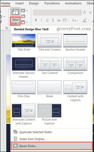 Naujas skaidrė, pakartotinis skaidrių naudojimas „PowerPoint“ sistemoje „Windows“