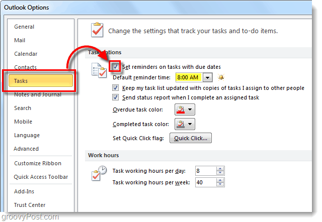 Kaip nustatyti numatytuosius „Outlook 2010“ užduočių priminimus