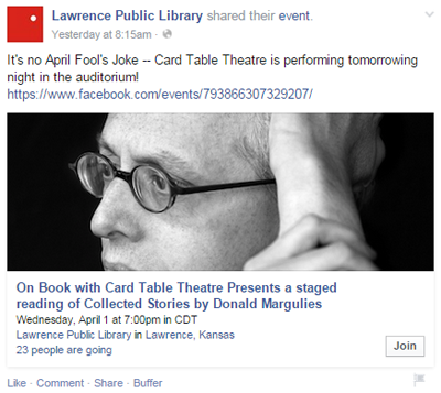 Lawrence viešosios bibliotekos renginio feisbuko įrašas