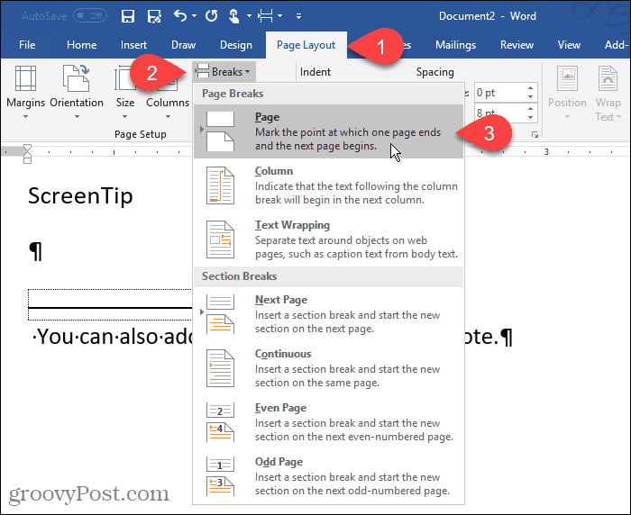 Įterpkite „Word“ puslapio pertrauką