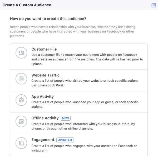 „Facebook Audiences“ įrankyje pasirinkite „Engagement“, kad sukurtumėte žmonių, kurie žiūrėjo jūsų tiesioginius vaizdo įrašus, auditoriją.