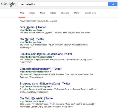 „Twitter“ profilio rezultatai „Google“ ieško automobilių „Twitter“