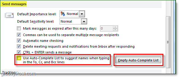 Išjunkite automatinį pildymą „Outlook“ 2010 ir išvalykite automatinio pildymo talpyklą