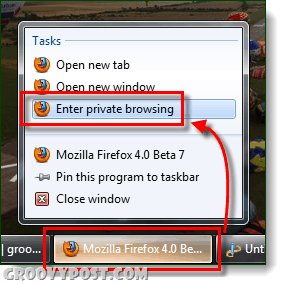 paleiskite privatų „Firefox“ naršymą iš užduočių juostos „Windows 7“