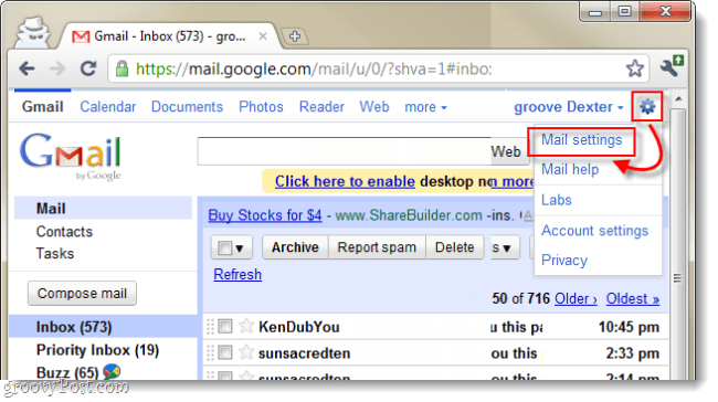 atidaryti „Gmail“ pašto nustatymus