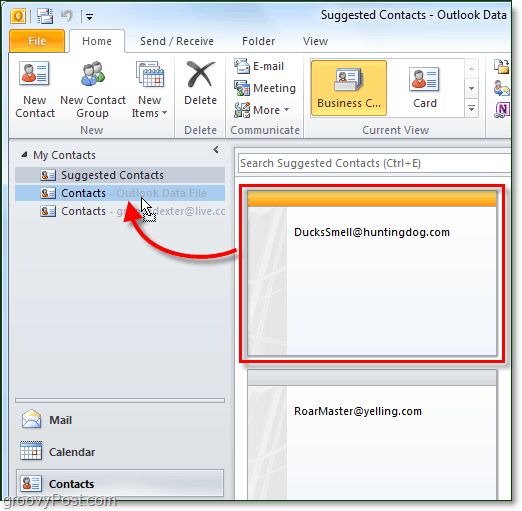 Kaip rasti ir pridėti neišsaugotus „Outlook 2010“ kontaktus