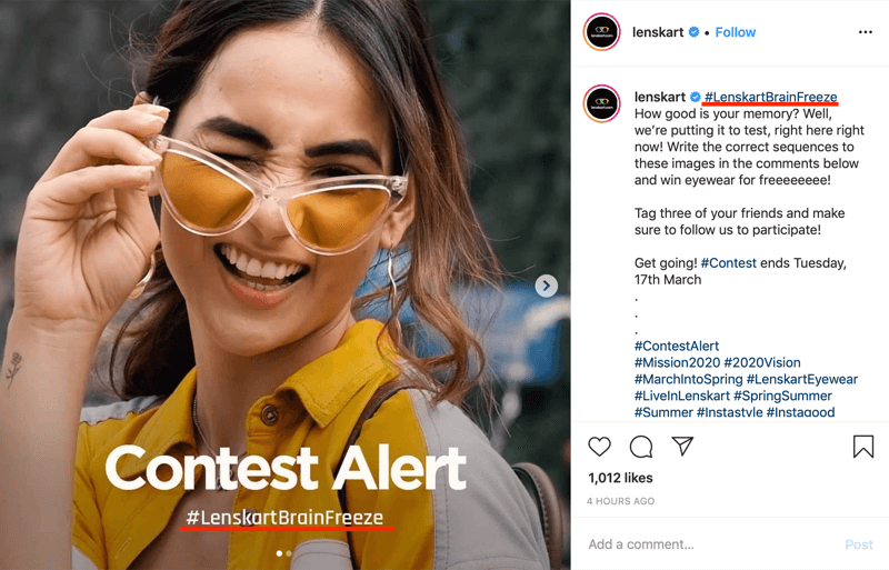 „Instagram“ konkurso įrašo, kuriame yra firminė žyma su vaizdu ir antrašte, pavyzdys