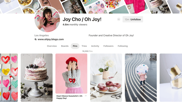 Patarimai, kaip pagerinti „Pinterest“ pasiekiamumą, 6 pavyzdys, „Joy Cho Pinterest“ kaiščių pavyzdys