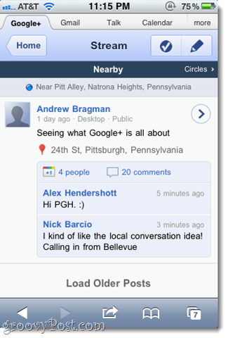 „Google+“ „iPhone“ žiniatinklio programos ekrano kopijos apžvalga