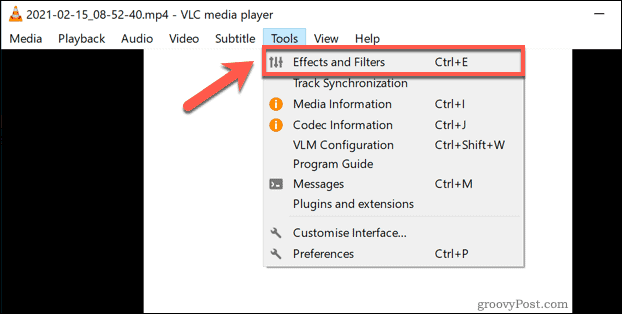 Prieiga prie „Windows“ VLC efektų ir filtrų meniu