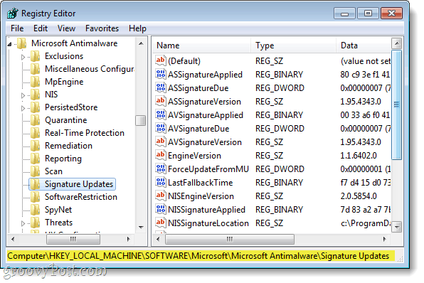 rasti tinkamą registro raktą „Windows 7“ regedit