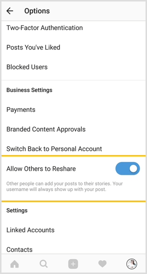 Palieskite parinktį Leisti kitiems bendrinti dar kartą, kad išjungtumėte viešų „Instagram“ įrašų bendrinimą.