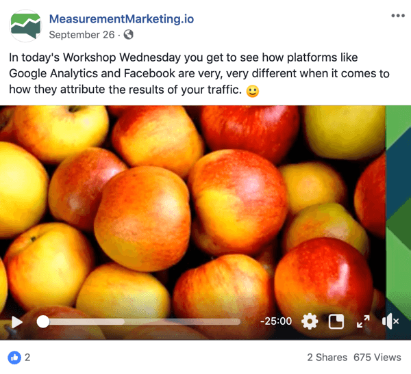 Tai yra „Facebook“ įrašo ekrano kopija iš „MeasurementMarking.io“ puslapio. Įraše taip pat rodomas vaizdo įrašas, kuriame reklamuojamas Chriso Mercerio dirbtuvių trečiadienių švino magnetas. Vaizdo įrašą žiūrintys ar spustelėję naudotojai gali pasiekti supratimo tikslą.