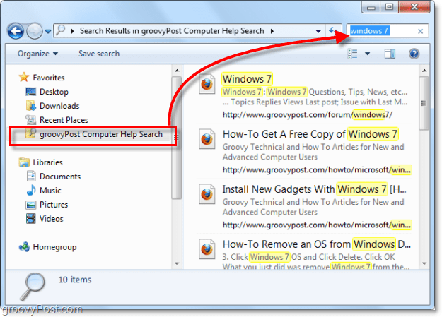 naudokite savo mėgstamiausių sąrašo paieškos jungtį, jei norite ieškoti nutolusioje „Windows 7“ vietoje, kuri iš tikrųjų nėra jūsų sistemos dalis