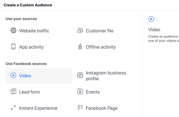 Kaip reklamuoti tiesioginį įvykį „Facebook“, 8 žingsnis, sukurkite pasirinktą auditoriją „Facebook“ skelbimų tvarkyklėje pagal vaizdo įrašų peržiūras