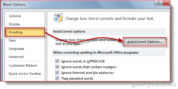 Kaip naudoti „Word 2010“ automatinį taisymą, kad būtų galima automatiškai pakeisti žodžius arba pridėti simbolius už pagrindinių lotyniškų simbolių