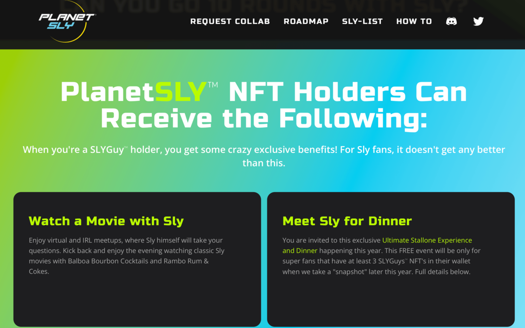 PlanetSly svetainės vaizdas, paaiškinantis SLYGuy NFT turėtojų pranašumus