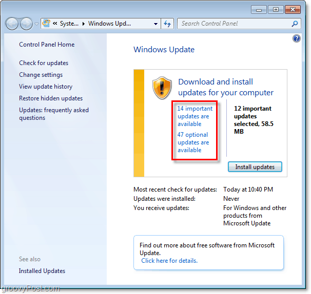 „Windows 7“ - „Windows“ naujinimo puslapio ekrano kopija