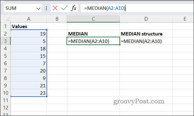 MEDIAN formulės pavyzdys programoje Excel