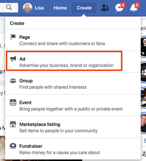 Kurkite „Facebook“ skelbimus spustelėdami Sukurti iš savo „Facebook“ profilio.