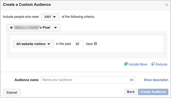 Dialogo lange „Sukurti pasirinktinę auditoriją“ „Facebook“ yra galimybė skelbimus nukreipti visiems svetainės lankytojams per tam tikrą dienų skaičių.