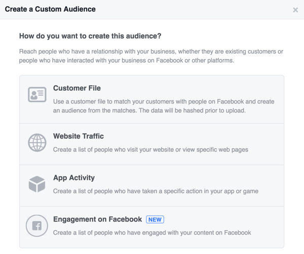 Pasirinkite, kaip norite sukurti „Facebook“ pasirinktinę auditoriją.