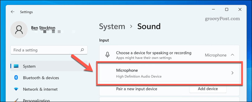 Atidarykite mikrofono įrenginį „Windows 11“ garso nustatymuose