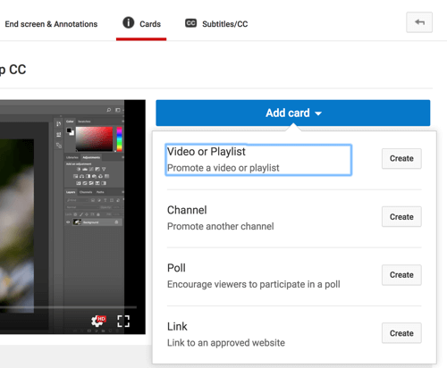 Spustelėkite Pridėti kortelę ir pasirinkite kortelės, kurią norite pridėti prie „YouTube“ vaizdo įrašo, tipą.