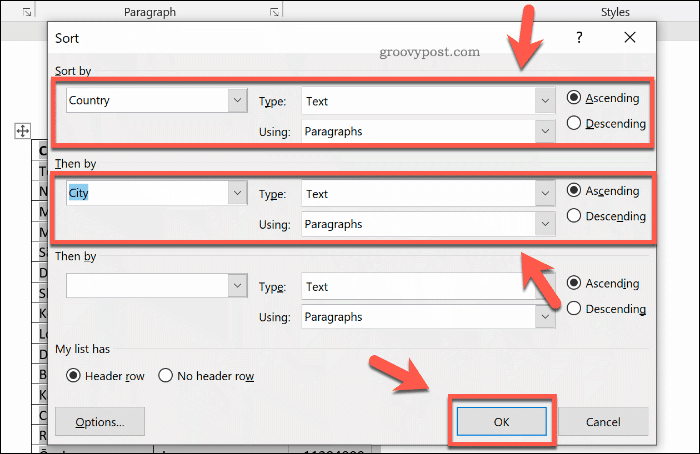 Galimybės rūšiuoti lentelę „Word“