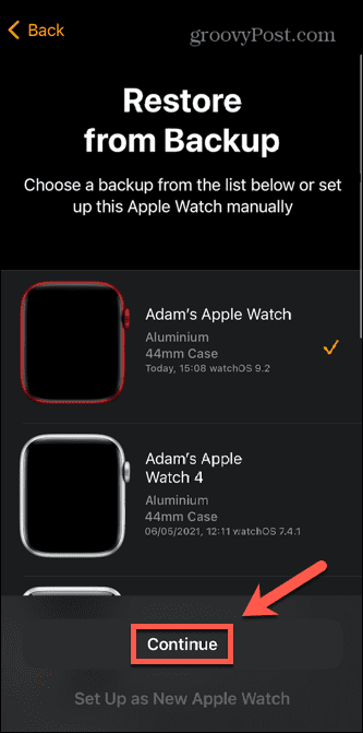 „Apple Watch“ pasirinkite atsarginę kopiją