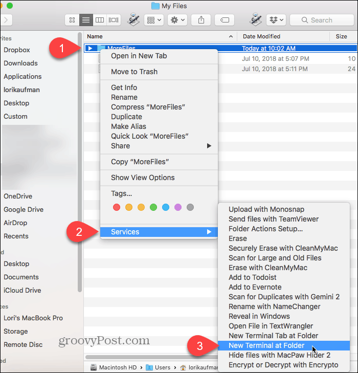 Pasirinkite „New Terminal at Folder“ „Mac“
