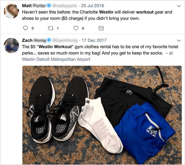 Ši „Twitter“ įrašų apie „Westin“ treniruočių drabužių nuomos programą ekrano kopija. Jay Baeris sako, kad nuomos programa yra pokalbio paleidimo pavyzdys.