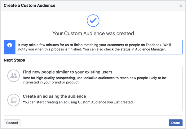 Jūsų pasirinkta auditorija buvo sukurta pranešimas, kuris rodomas sukūrus „Facebook“ pasirinktinę auditoriją