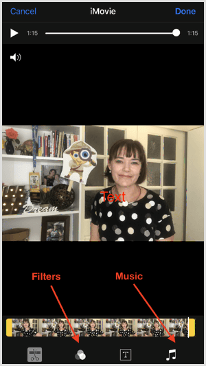 Norėdami pridėti filtrų ir muzikos prie „iMovie“, palieskite ekrano apačioje esančius įrankius.