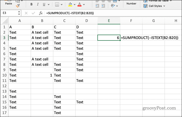 SUMPRODUCT naudojimas su ISTEXT programoje „Excel“.