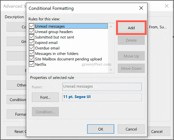 Spustelėkite Pridėti, kad „Outlook“ pridėtumėte naują sąlyginio formato taisyklę